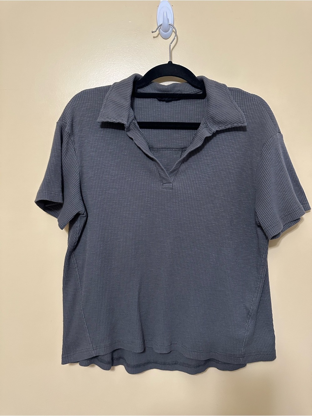 Jane + Delancey Short Sleeve Ribbed Knit Polo Top Women M Gray Relaxed